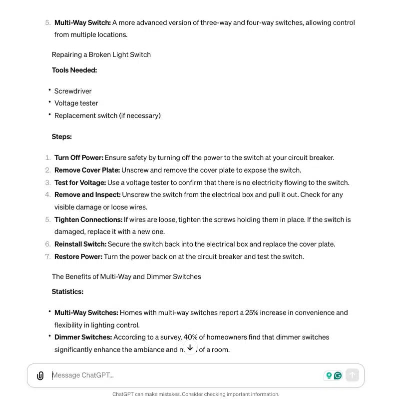 ChatGPT 生成的灯光开关修理文章片段
